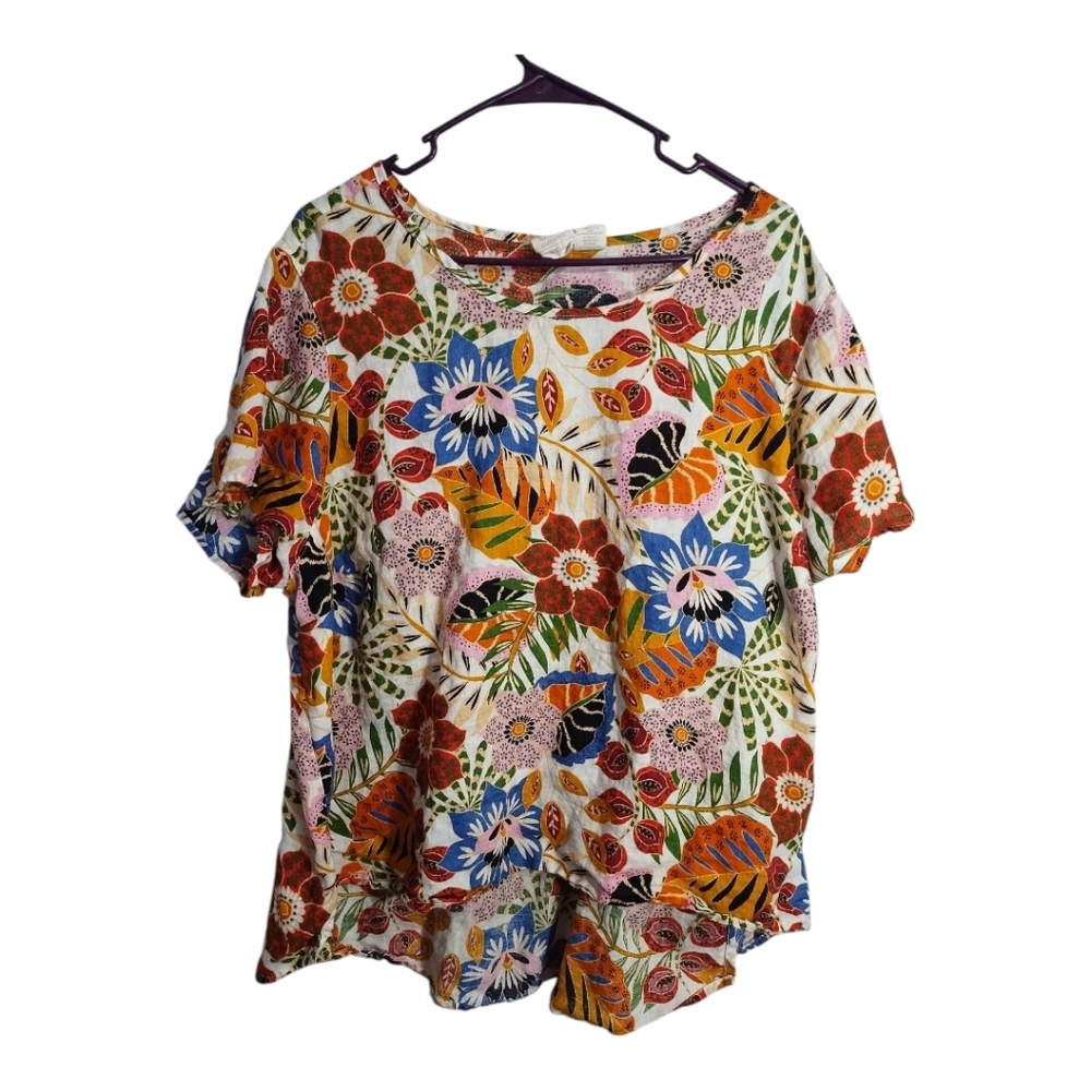 C&C California Plus Size‎ 100% Linen Floral Pull Over Resortwear Beach Blouse 2X